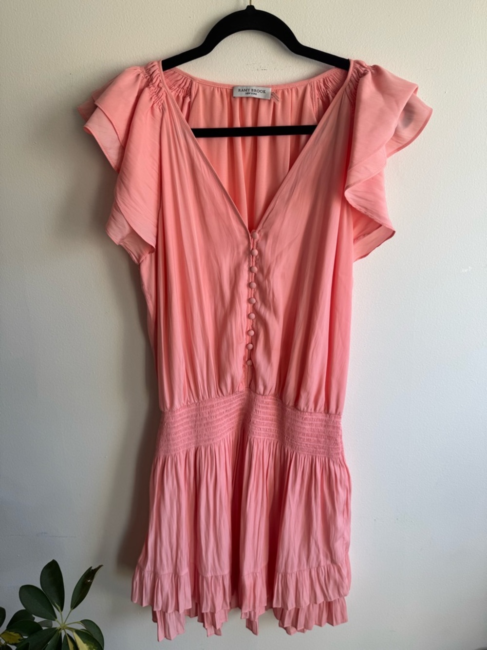 Ramy Brook Silk Feel Coral Pink Mini Dress Ruffle Sleeve Smocked Waist